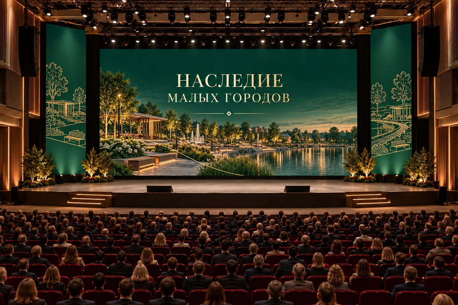 Конференц-зал с панорамой современных парков, набережных и площадей на экранах